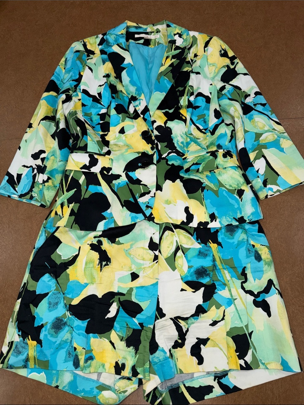 Boston Proper Teal, Yellow & Black Abstract Floral Blazer 10 set w Shorts 12